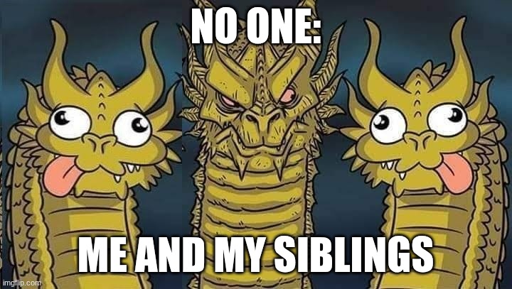 Three Headed Dragon, 2 Silly 1 Serious | NO ONE:; ME AND MY SIBLINGS | image tagged in three headed dragon 2 silly 1 serious | made w/ Imgflip meme maker
