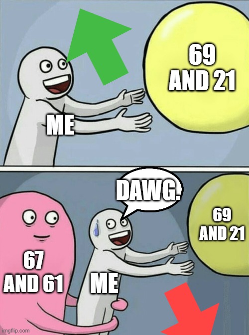 Nevermind, why this 67, why that 67? | 69 AND 21; ME; DAWG. 69 AND 21; 67 AND 61; ME | image tagged in memes,running away balloon | made w/ Imgflip meme maker