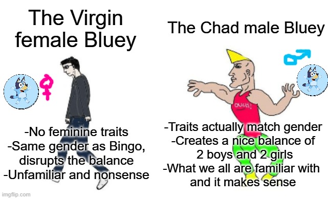 Virgin vs Chad | The Chad male Bluey; The Virgin female Bluey; -Traits actually match gender
-Creates a nice balance of
 2 boys and 2 girls
-What we all are familiar with 
and it makes sense; -No feminine traits
-Same gender as Bingo,
disrupts the balance
-Unfamiliar and nonsense | image tagged in virgin vs chad | made w/ Imgflip meme maker