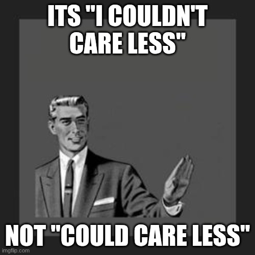 grammar guy | ITS "I COULDN'T CARE LESS"; NOT "COULD CARE LESS" | image tagged in grammar guy | made w/ Imgflip meme maker