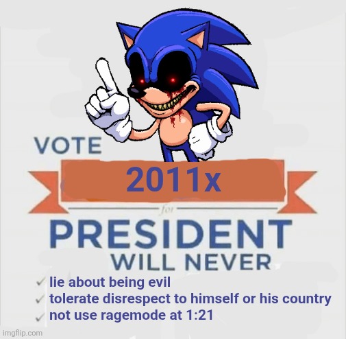 10 upvotes and to politics it goes | 2011x; lie about being evil

tolerate disrespect to himself or his country

not use ragemode at 1:21 | made w/ Imgflip meme maker