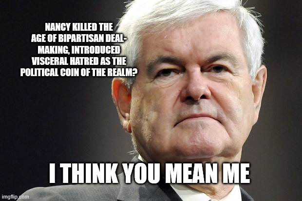 NANCY KILLED THE AGE OF BIPARTISAN DEAL- MAKING, INTRODUCED VISCERAL HATRED AS THE POLITICAL COIN OF THE REALM? I THINK YOU MEAN ME | image tagged in newt gingrich | made w/ Imgflip meme maker