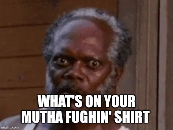 Samuel L. Jackson - Stare | WHAT'S ON YOUR MUTHA FUGHIN' SHIRT | image tagged in samuel l jackson - stare | made w/ Imgflip meme maker