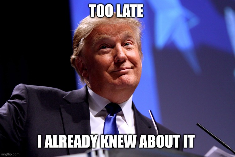Donald Trump No2 | TOO LATE I ALREADY KNEW ABOUT IT | image tagged in donald trump no2 | made w/ Imgflip meme maker