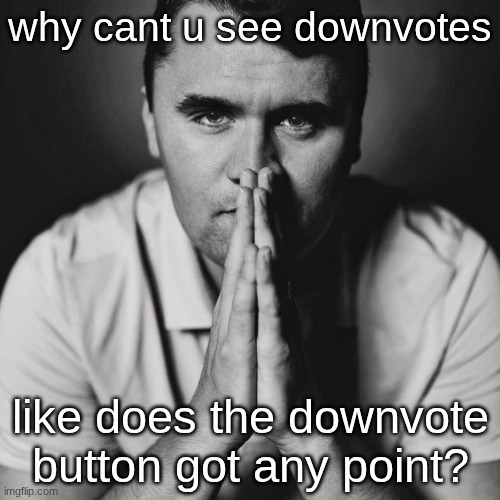 s | why cant u see downvotes; like does the downvote button got any point? | image tagged in charlie kirk | made w/ Imgflip meme maker