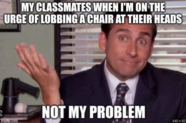 not my problem | MY CLASSMATES WHEN I'M ON THE URGE OF LOBBING A CHAIR AT THEIR HEADS | image tagged in not my problem,middle school | made w/ Imgflip meme maker