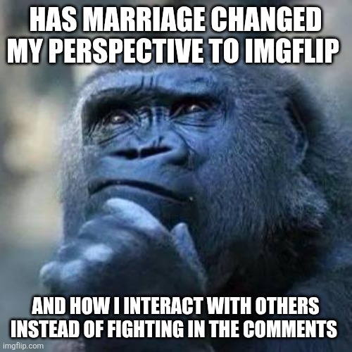 Flamewar Veteran turning a new leaf on life | HAS MARRIAGE CHANGED MY PERSPECTIVE TO IMGFLIP; AND HOW I INTERACT WITH OTHERS INSTEAD OF FIGHTING IN THE COMMENTS | image tagged in thinking ape | made w/ Imgflip meme maker