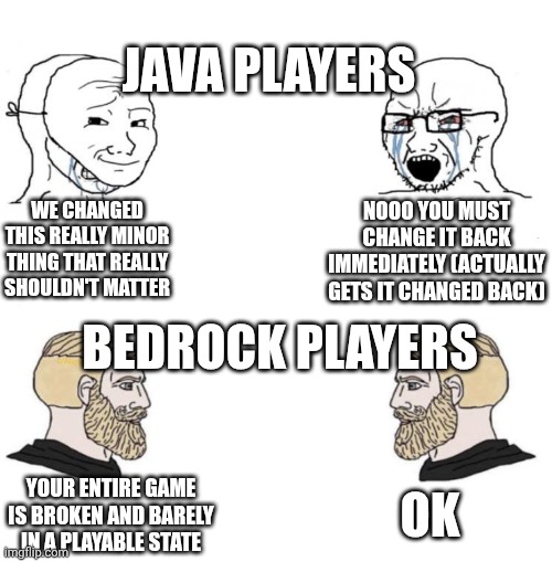 The state of bedrock right now is ridiculous | JAVA PLAYERS; WE CHANGED THIS REALLY MINOR THING THAT REALLY SHOULDN'T MATTER; NOOO YOU MUST CHANGE IT BACK IMMEDIATELY (ACTUALLY GETS IT CHANGED BACK); BEDROCK PLAYERS; OK; YOUR ENTIRE GAME IS BROKEN AND BARELY IN A PLAYABLE STATE | image tagged in chad we know,minecraft | made w/ Imgflip meme maker