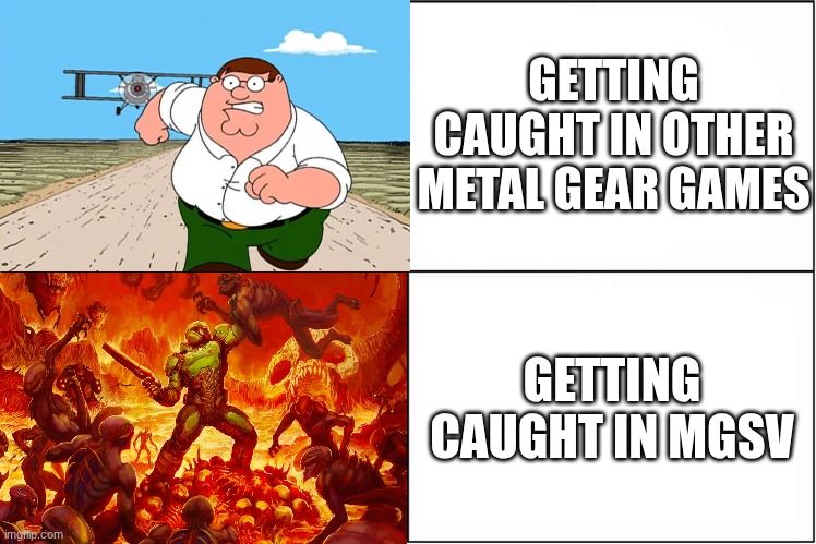 Weak vs Strong Spongebob | GETTING CAUGHT IN OTHER METAL GEAR GAMES; GETTING CAUGHT IN MGSV | image tagged in weak vs strong spongebob,metal gear solid | made w/ Imgflip meme maker