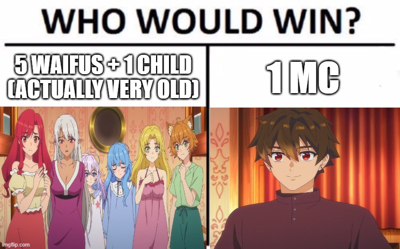 MC from "I left my A rank party" vs his new Party | 5 WAIFUS + 1 CHILD (ACTUALLY VERY OLD); 1 MC | image tagged in memes,who would win | made w/ Imgflip meme maker