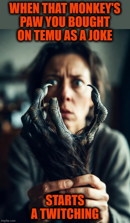 WHEN THAT MONKEY'S PAW YOU BOUGHT ON TEMU AS A JOKE; STARTS A TWITCHING | image tagged in temu,monkey's paw,wishes,magic,fable | made w/ Imgflip meme maker