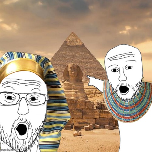 Two ancient egyptian soyjacks pointing | image tagged in two ancient egyptian soyjacks pointing | made w/ Imgflip meme maker