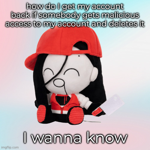 yi xi plush | how do I get my account back if somebody gets malicious access to my account and deletes it; I wanna know | image tagged in yi xi plush | made w/ Imgflip meme maker