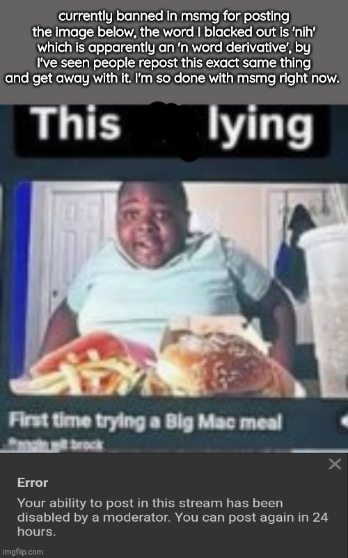 currently banned in msmg for posting the image below, the word I blacked out is 'nih' which is apparently an 'n word derivative', by I've seen people repost this exact same thing and get away with it. I'm so done with msmg right now. | made w/ Imgflip meme maker