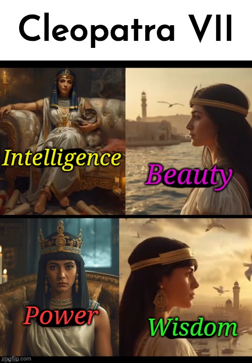 Who needs a replaceable puppet chosen by a popularity contest like a president when you can have a queen to rule. | Cleopatra VII; Intelligence; Beauty; Wisdom; Power | image tagged in cleopatra,ptolemy dynasty,pharaoh | made w/ Imgflip meme maker
