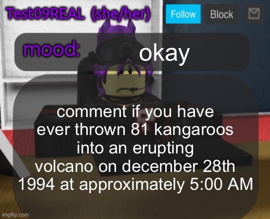Test09 Jane Doe temp v2 | okay; comment if you have ever thrown 81 kangaroos into an erupting volcano on december 28th 1994 at approximately 5:00 AM | image tagged in test09 jane doe temp v2 | made w/ Imgflip meme maker