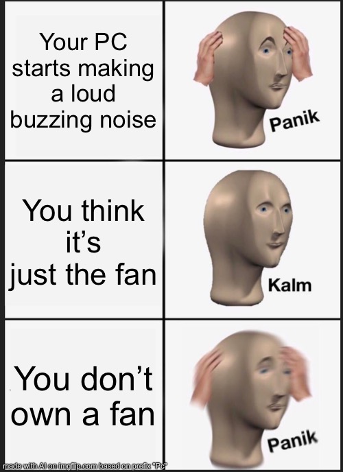 Pc | Your PC starts making a loud buzzing noise; You think it’s just the fan; You don’t own a fan | image tagged in memes,panik kalm panik | made w/ Imgflip meme maker