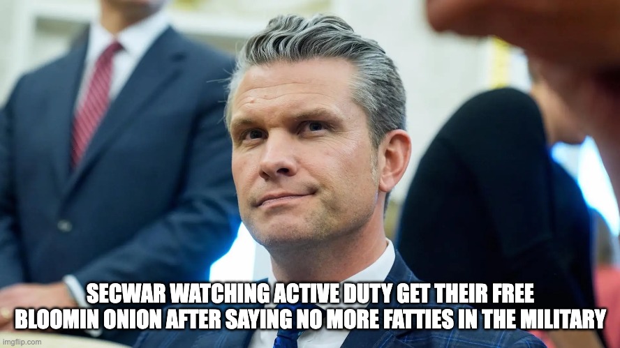 secwar | SECWAR WATCHING ACTIVE DUTY GET THEIR FREE BLOOMIN ONION AFTER SAYING NO MORE FATTIES IN THE MILITARY | image tagged in veterans day | made w/ Imgflip meme maker