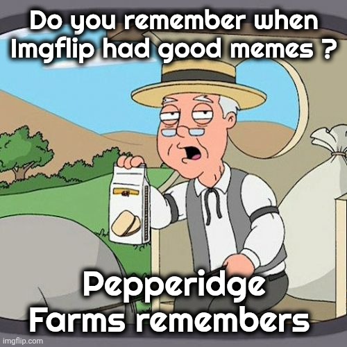 Pepperidge Farm Remembers Meme | Do you remember when Imgflip had good memes ? Pepperidge Farms remembers | image tagged in memes,pepperidge farm remembers | made w/ Imgflip meme maker