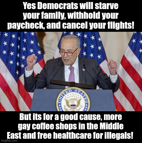 Democrat's major messaging problem with their government shutdown temper tantrum.... its all for foreigners | Yes Democrats will starve your family, withhold your paycheck, and cancel your flights! But its for a good cause, more gay coffee shops in the Middle East and free healthcare for illegals! | image tagged in authoritative schumer,liberal logic,stupid liberals,crying democrats,task failed successfully,government corruption | made w/ Imgflip meme maker