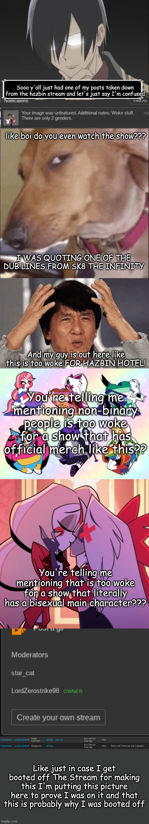 I'm pretty sure this show is the definition of woke | Sooo y'all just had one of my posts taken down from the hazbin stream and let's just say I'm confused; like boi do you even watch the show??? I WAS QUOTING ONE OF THE DUB LINES FROM SK8 THE INFINITY; And my guy is out here like this is too woke FOR HAZBIN HOTEL! You're telling me mentioning non-binary people is too woke for a show that has official merch like this?? You're telling me mentioning that is too woke for a show that literally has a bisexual main character??? Like just in case I get booted off The Stream for making this I'm putting this picture here to prove I was on it and that this is probably why I was booted off | image tagged in this isn't good,hazbin hotel | made w/ Imgflip meme maker