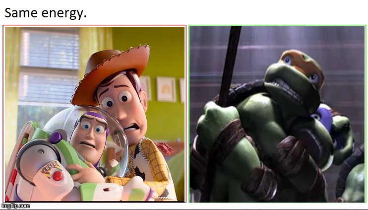 Same energy Toys & Turtles | image tagged in same energy,toy story,tmnt,similar | made w/ Imgflip meme maker