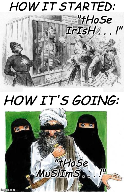 Xenophobic bigotry is never a good look | HOW IT STARTED:; "tHoSe IrIsH . . . !"; HOW IT'S GOING:; "tHoSe MuSlImS . . . !" | image tagged in stereotypes,history,bigotry,xenophobia,immigration | made w/ Imgflip meme maker