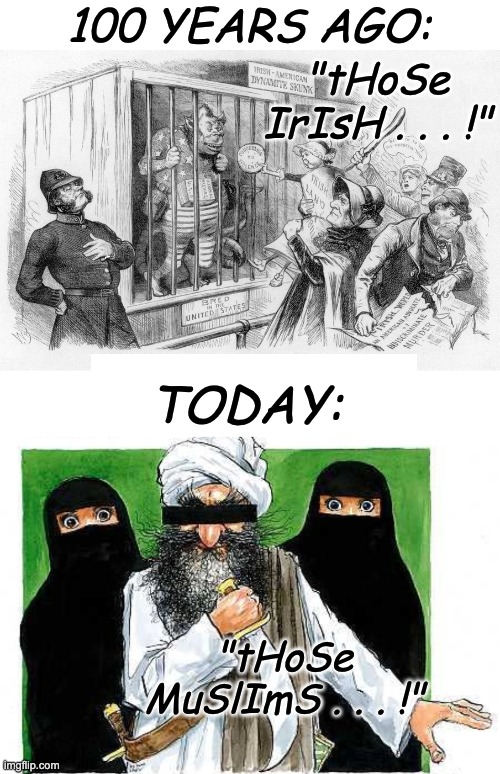 Bigots don't learn, they just recycle their stereotypes onto new groups | 100 YEARS AGO:; "tHoSe IrIsH . . . !"; TODAY:; "tHoSe MuSlImS . . . !" | image tagged in immigration,xenophobia,history,bigotry | made w/ Imgflip meme maker