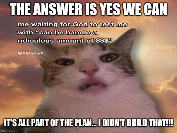 Windfall | THE ANSWER IS YES WE CAN; IT'S ALL PART OF THE PLAN... I DIDN'T BUILD THAT!!! | image tagged in elon musk smoking a joint,smiling cat,uno draw 25 cards | made w/ Imgflip meme maker