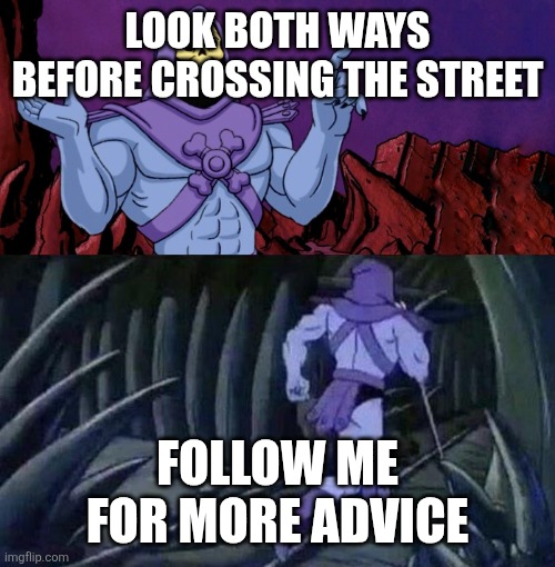 Good advice | LOOK BOTH WAYS BEFORE CROSSING THE STREET; FOLLOW ME FOR MORE ADVICE | image tagged in skeletor advice until we meet again,funny memes | made w/ Imgflip meme maker