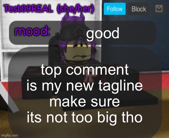 Test09 Jane Doe temp v2 | good; top comment is my new tagline make sure its not too big tho | image tagged in test09 jane doe temp v2 | made w/ Imgflip meme maker