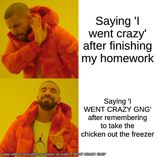 I WENT CRAZY ALR | Saying 'I went crazy' after finishing my homework; Saying 'I WENT CRAZY GNG' after remembering to take the chicken out the freezer | image tagged in memes,drake hotline bling,i went crazy | made w/ Imgflip meme maker