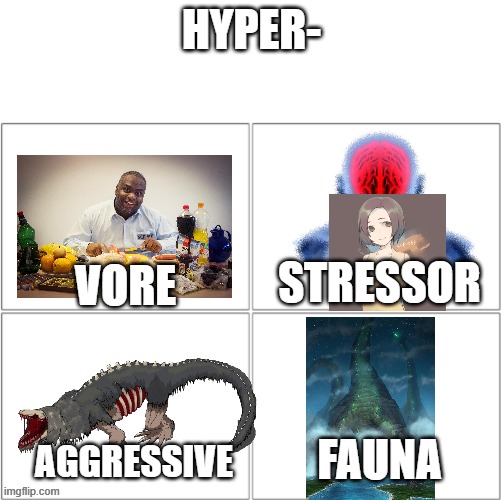 the 4 Hypers of SCP | HYPER-; VORE; STRESSOR; FAUNA; AGGRESSIVE | image tagged in the 4 horsemen of | made w/ Imgflip meme maker