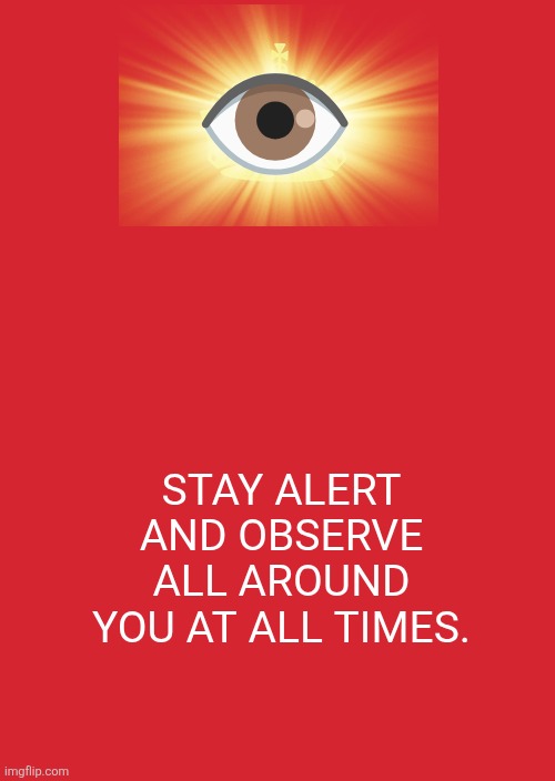 Stay Alert | 👁️; STAY ALERT AND OBSERVE ALL AROUND YOU AT ALL TIMES. | image tagged in memes,stay alert | made w/ Imgflip meme maker