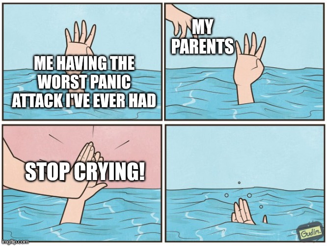 ah I should have known :l  | MY PARENTS; ME HAVING THE WORST PANIC ATTACK I'VE EVER HAD; STOP CRYING! | image tagged in high five drown | made w/ Imgflip meme maker