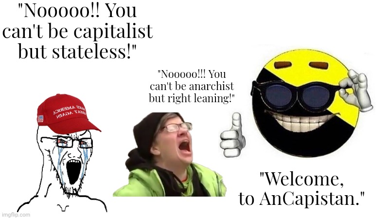 it's called ancap suckers | "Nooooo!! You can't be capitalist but stateless!"; "Nooooo!!! You can't be anarchist but right leaning!"; "Welcome, to AnCapistan." | image tagged in ancap | made w/ Imgflip meme maker