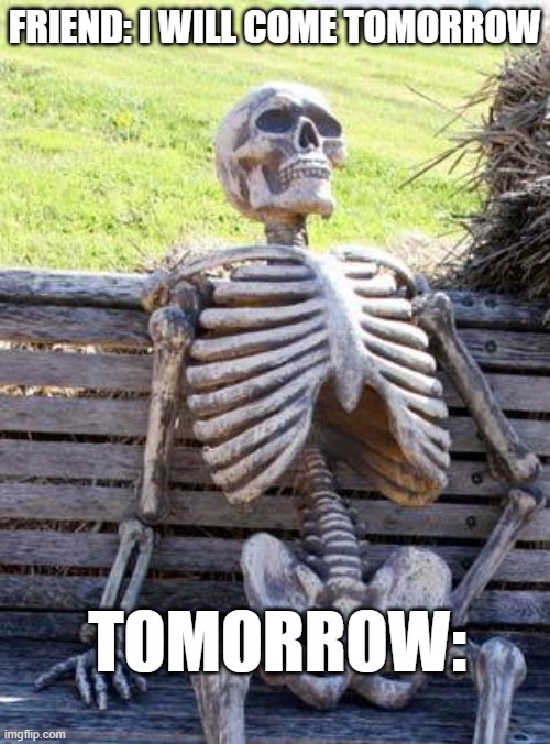 u need dis | FRIEND: I WILL COME TOMORROW; TOMORROW: | image tagged in memes,waiting skeleton | made w/ Imgflip meme maker