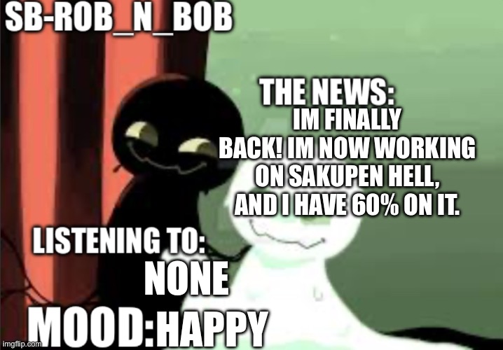 Ik im a bit forgotten but i am back! | IM FINALLY BACK! IM NOW WORKING ON SAKUPEN HELL, AND I HAVE 60% ON IT. NONE; HAPPY | image tagged in sb-rob_n_bob announcement template | made w/ Imgflip meme maker