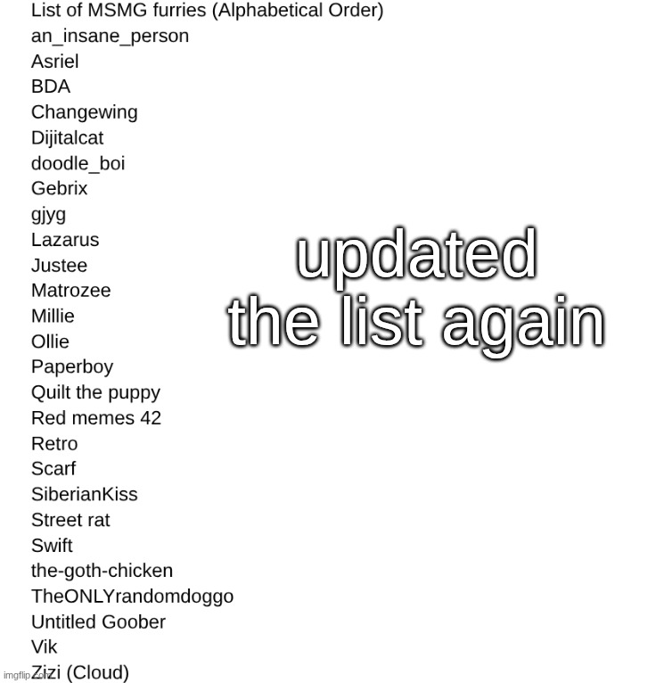 updated the list again | made w/ Imgflip meme maker