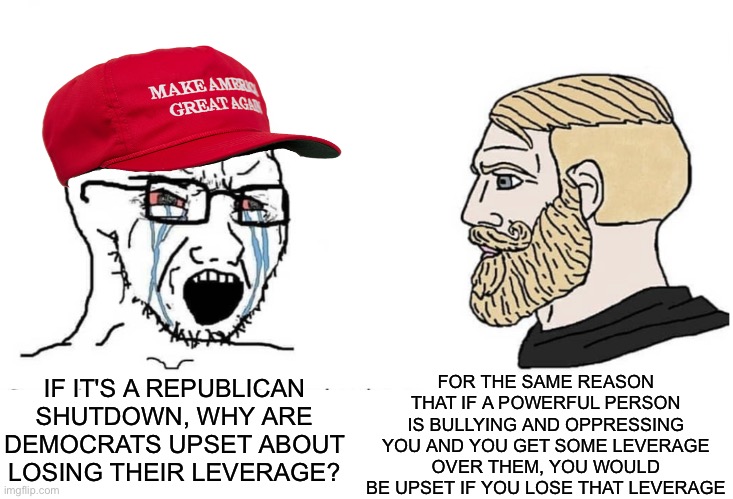 Soyboy Vs Yes Chad | FOR THE SAME REASON THAT IF A POWERFUL PERSON IS BULLYING AND OPPRESSING YOU AND YOU GET SOME LEVERAGE OVER THEM, YOU WOULD BE UPSET IF YOU LOSE THAT LEVERAGE; IF IT'S A REPUBLICAN SHUTDOWN, WHY ARE DEMOCRATS UPSET ABOUT LOSING THEIR LEVERAGE? | image tagged in soyboy vs yes chad | made w/ Imgflip meme maker