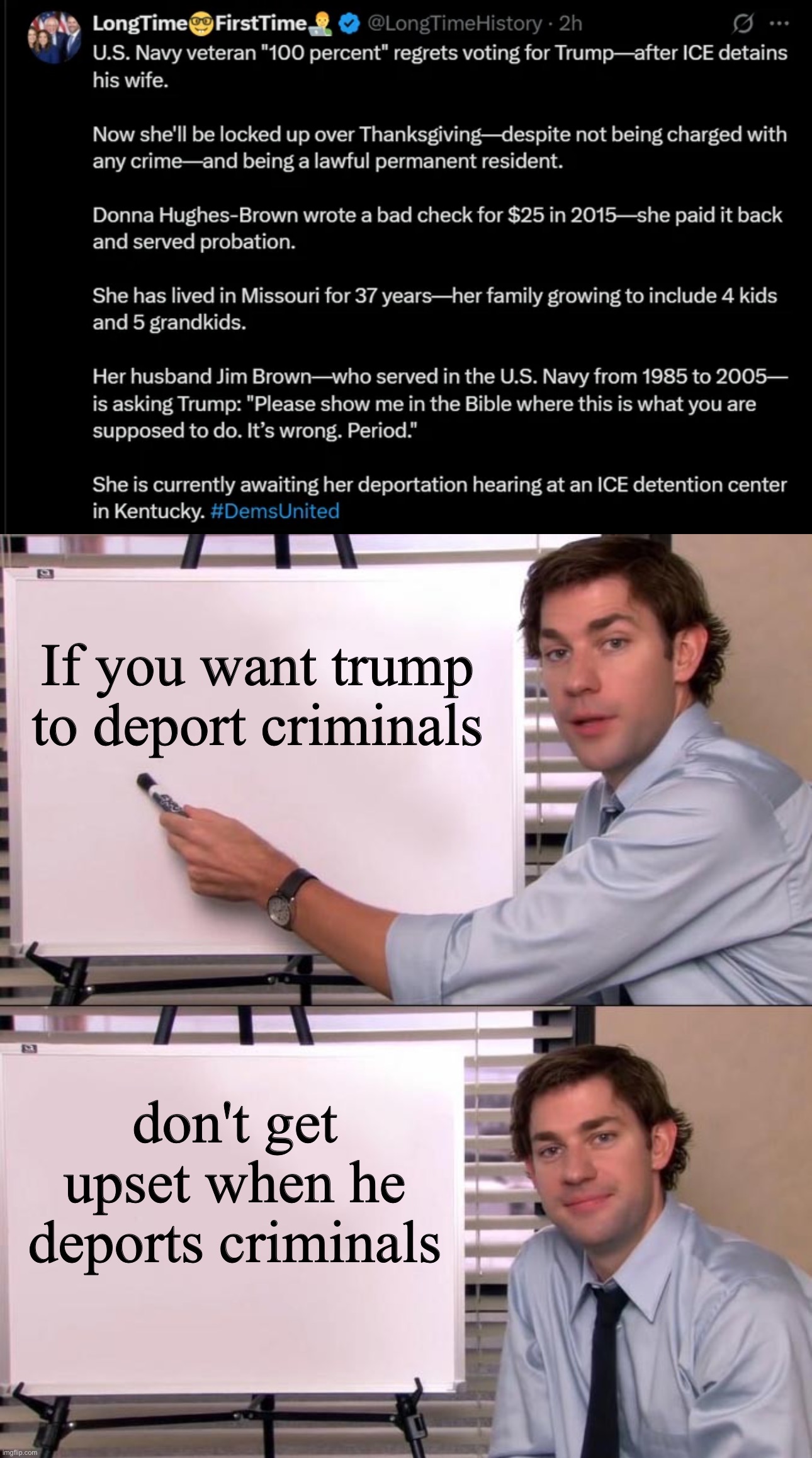 Deporting trump supporters makes America better | If you want trump to deport criminals; don't get upset when he deports criminals | image tagged in jim halpert explains | made w/ Imgflip meme maker