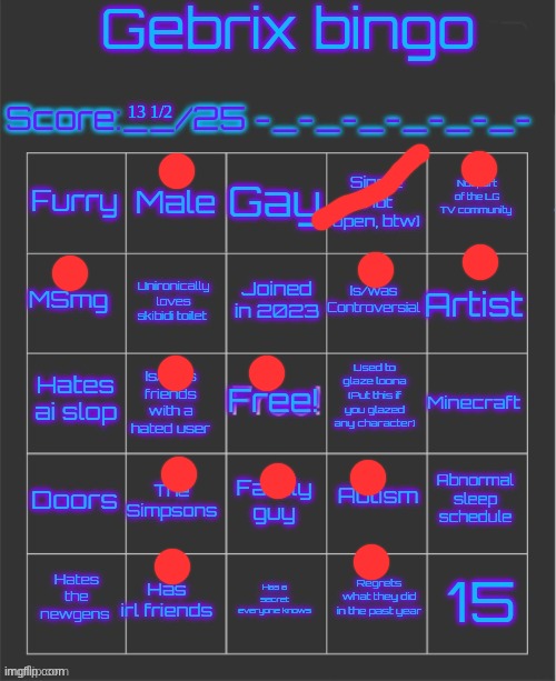Gebrix bingo | 13 1/2 | image tagged in gebrix bingo | made w/ Imgflip meme maker