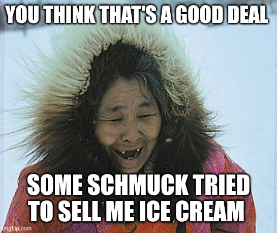 eskimo | YOU THINK THAT'S A GOOD DEAL SOME SCHMUCK TRIED TO SELL ME ICE CREAM | image tagged in eskimo | made w/ Imgflip meme maker