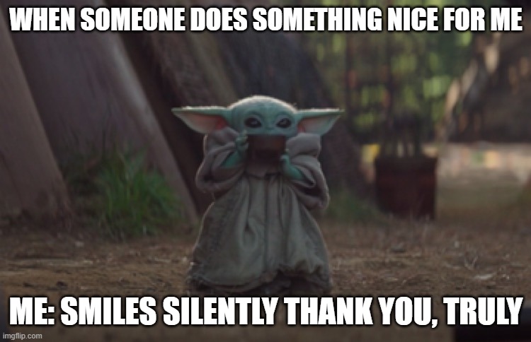 Baby Yoda sipping soup | WHEN SOMEONE DOES SOMETHING NICE FOR ME; ME: SMILES SILENTLY THANK YOU, TRULY | image tagged in baby yoda sipping soup | made w/ Imgflip meme maker