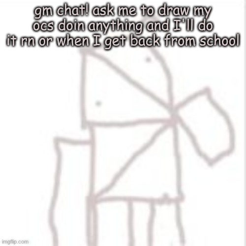 Time is ticking. | gm chat! ask me to draw my ocs doin anything and I'll do it rn or when I get back from school | image tagged in parcelboy confused | made w/ Imgflip meme maker