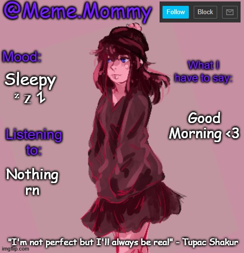 Sleepy ᶻ 𝗓 𐰁; Good Morning <3; Nothing rn | image tagged in meme mommy's temp | made w/ Imgflip meme maker