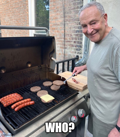Chuck Schumer Fakes Grilling | WHO? | image tagged in chuck schumer fakes grilling | made w/ Imgflip meme maker