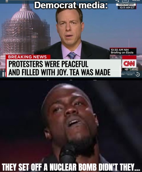 The more effort they put in, the worse it is... | Democrat media:; PROTESTERS WERE PEACEFUL AND FILLED WITH JOY. TEA WAS MADE | image tagged in cnn breaking news template,kevin hart,funny,american politics | made w/ Imgflip meme maker