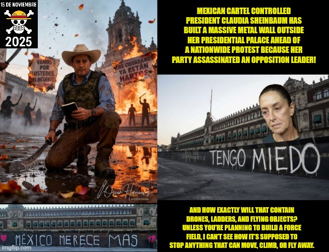 Mexican people fed up with Claudia Sheinbaum | MEXICAN CARTEL CONTROLLED PRESIDENT CLAUDIA SHEINBAUM HAS BUILT A MASSIVE METAL WALL OUTSIDE HER PRESIDENTIAL PALACE AHEAD OF A NATIONWIDE PROTEST BECAUSE HER PARTY ASSASSINATED AN OPPOSITION LEADER! AND HOW EXACTLY WILL THAT CONTAIN DRONES, LADDERS, AND FLYING OBJECTS? UNLESS YOU’RE PLANNING TO BUILD A FORCE FIELD, I CAN’T SEE HOW IT’S SUPPOSED TO STOP ANYTHING THAT CAN MOVE, CLIMB, OR FLY AWAY. | image tagged in fed up with claudia sheinbaum,narcos,fentanyl,mexico wall,corruption | made w/ Imgflip meme maker