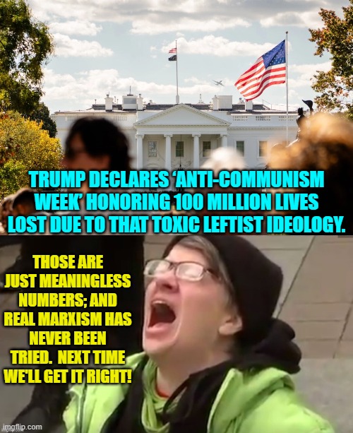 Yeah . . . maybe 'next time' you nation-hating leftists. | TRUMP DECLARES ‘ANTI-COMMUNISM WEEK’ HONORING 100 MILLION LIVES LOST DUE TO THAT TOXIC LEFTIST IDEOLOGY. THOSE ARE JUST MEANINGLESS NUMBERS; AND REAL MARXISM HAS NEVER BEEN TRIED.  NEXT TIME WE'LL GET IT RIGHT! | image tagged in yep | made w/ Imgflip meme maker
